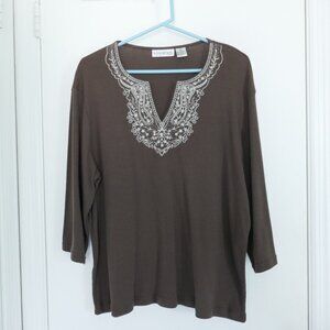 NWOT Allyson Whitmore brown split collar 3/4 sleeve shirt with embroidery sz 2X